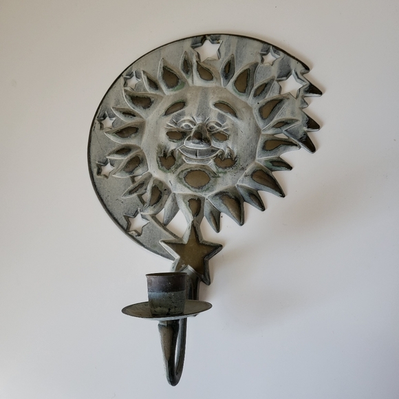 Vintage Verdi Gris Metal Partylite Sun and Stars Wall Sconce Candle Holder - Picture 8 of 15